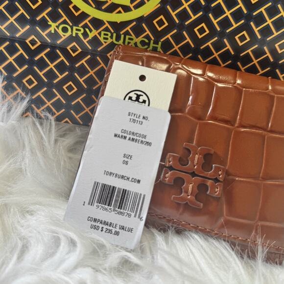 LIMITED TIME SALE - $235 Tory Burch Britten Crocodile Bifold wallet Amber Brown - Picture 4 of 6